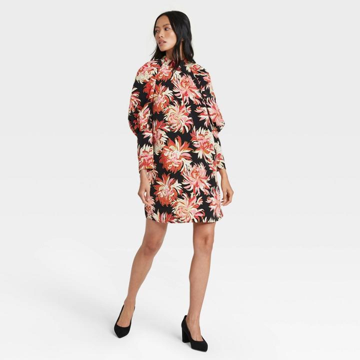 Women's Floral Print Puff Long Sleeve Dress - Who What Wear Black