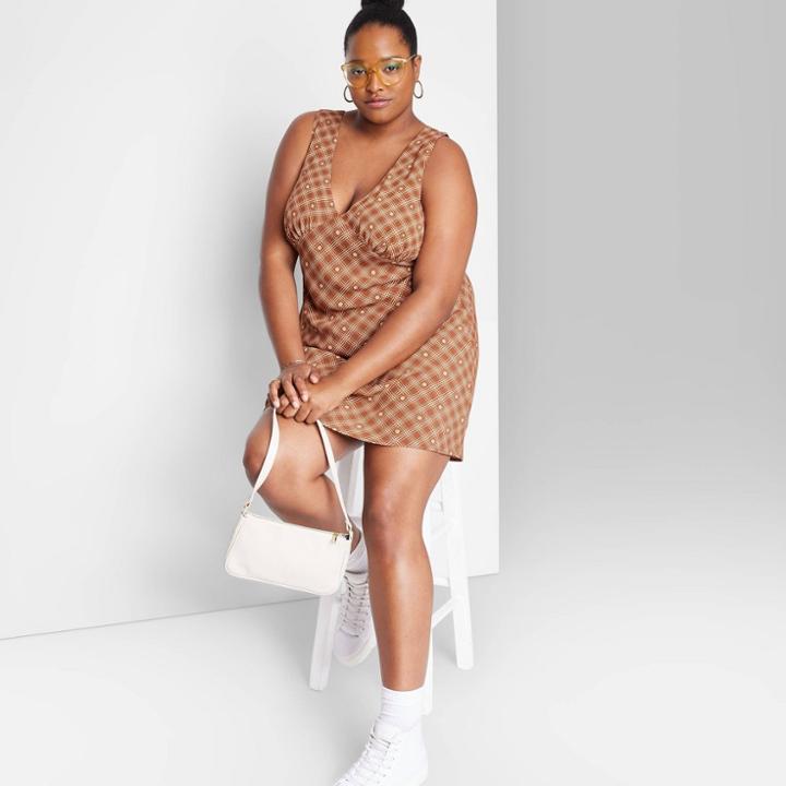 Women's Plus Size Woven Slip Dress - Wild Fable Copper Check 1x, Brown Check