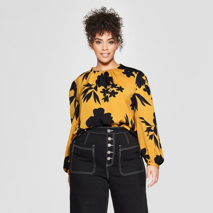 Women's Plus Size Floral Print Long Bishop Sleeve High Neck Blouse - Who What Wear Yellow/black 3x, Yellow Floral