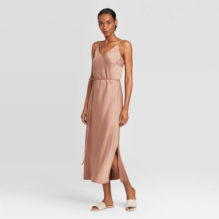 Women's Sleeveless Tie Waist Slip Dress - Prologue Brown