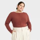 Women's Plus Size Long Sleeve Slim Fit Boat Neck Ruched Front Top - A New Day Brown