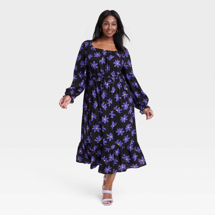 Women's Bishop Long Sleeve Woven Dress - Ava & Viv Black Floral