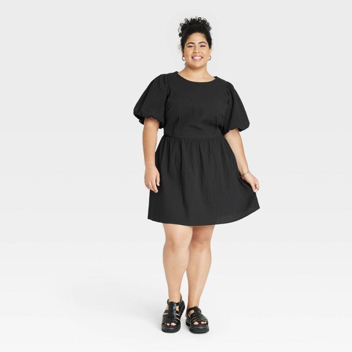 Women's Plus Size Puff Short Sleeve Back Cut Out Dress - A New Day Black