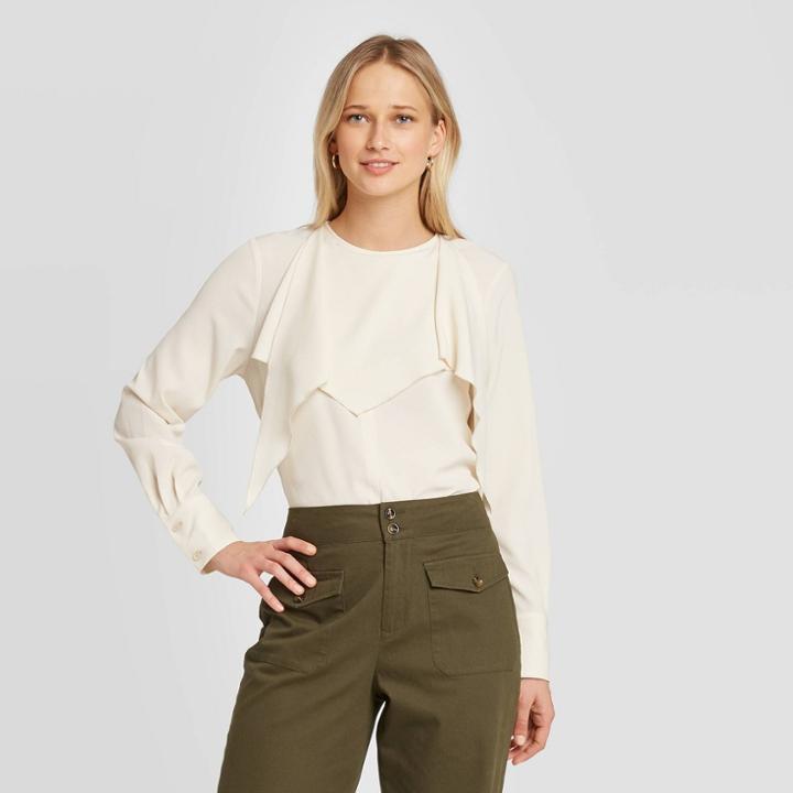 Women's Long Sleeve Scarf Boat Neck Blouse - Who What Wear Cream Xs, Women's, Ivory