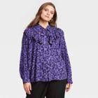 Women's Plus Size Floral Print Ruffle Long Sleeve Dramatic Blouse - A New Day Dark Purple