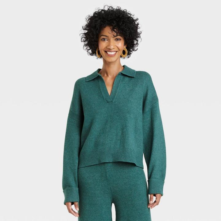 Women's Collared Split Neck Pullover Sweater - A New Day Teal