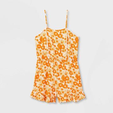 Girls' Lace Trim Romper - Art Class Orange Floral