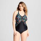Costa Del Sol Women's Floral Print Plus Size Floral Lace-up One Piece - Black