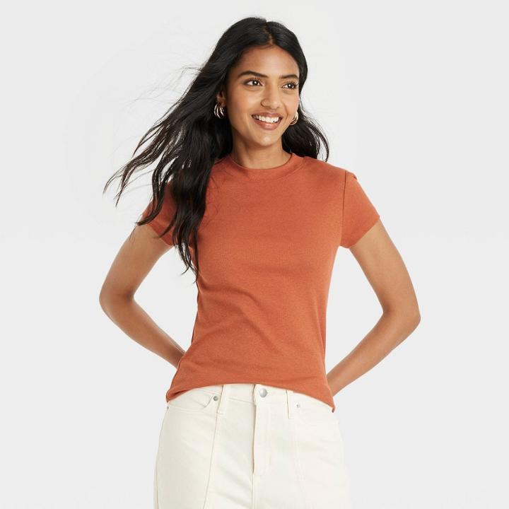 Women's Short Sleeve Slim Fit Ribbed T-shirt - A New Day Orange