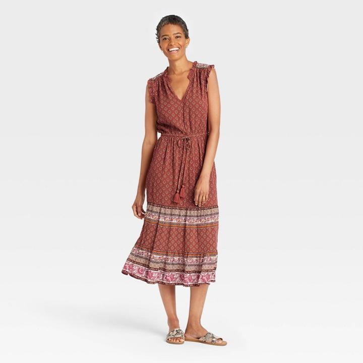 Women's Sleeveless Ruffle Tie-waist Dress - Knox Rose Rust Paisley