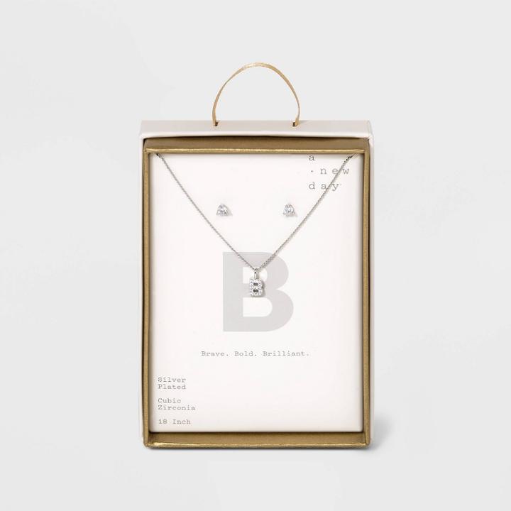 Silver Plated Cubic Zirconia Pave Initial Pendant Necklace And Earring Set - A New Day Initial B