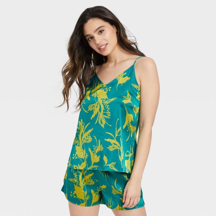 Women's Floral Print Satin Sleep Camisole - Stars Above Green