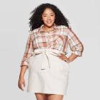 Women's Plus Size Plaid Long Sleeve Collared Button-down Shirt - Universal Thread Beige