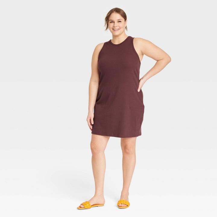 Women's Plus Size Sleeveless Rib Racer Dress - A New Day Dark Brown