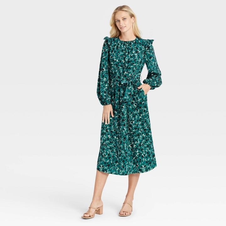 Women's Ruffle Long Sleeve Dress - Who What Wear Blue Floral