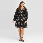 Women's Plus Size Floral Print Long Sleeve Pleated Sleeve Dress - Ava & Viv Black X, Women's