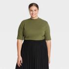 Women's Plus Size Elbow Sleeve Mock Turtleneck T- Shirt - A New Day Green