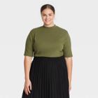 Women's Plus Size Elbow Sleeve Mock Turtleneck T- Shirt - A New Day Green