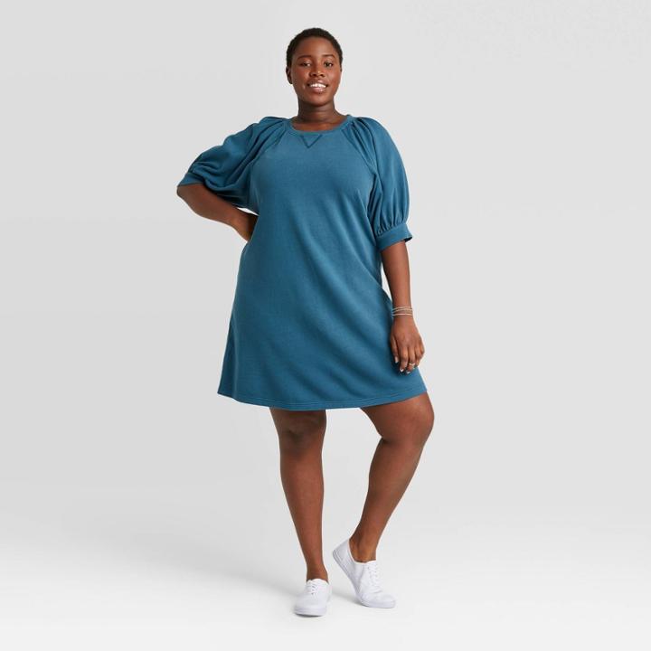 Women's Plus Size Puff Short Sleeve T-shirt Dress - Universal Thread Teal