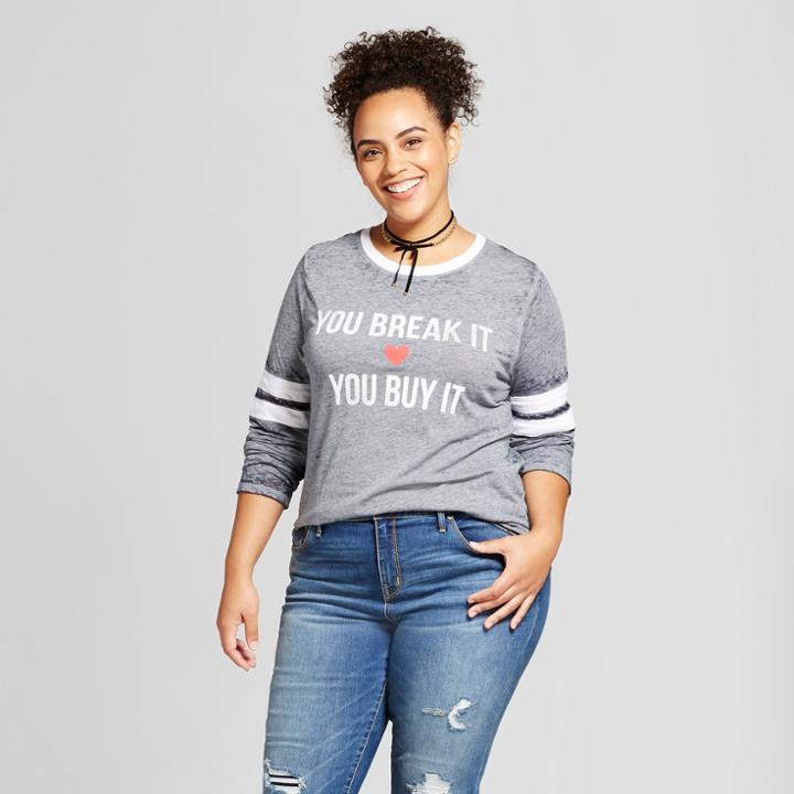 Modern Lux Women's Plus Size Long Sleeve You Break It You Buy It Varsity Graphic T-shirt Navy 1x - Modern