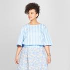 Women's Plus Size Striped 3/4 Sleeve Crop Top - Who What Wear Blue/white