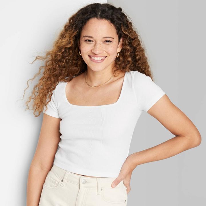 Women's Short Sleeve Rib Fitted Square Neck Baby T-shirt - Wild Fable White Xxs
