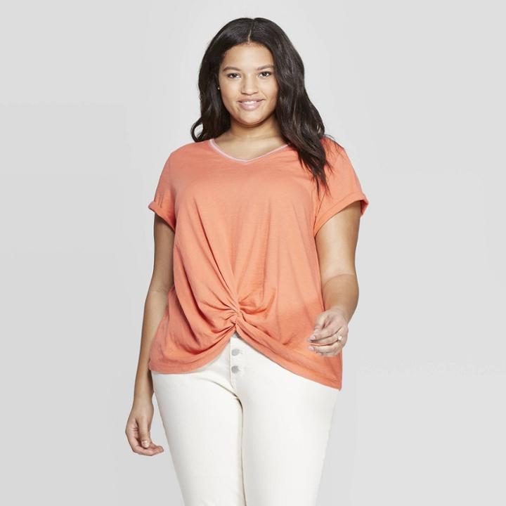 Women's Plus Size Short Sleeve V-neck Tie Front T-shirt - Universal Thread Orange