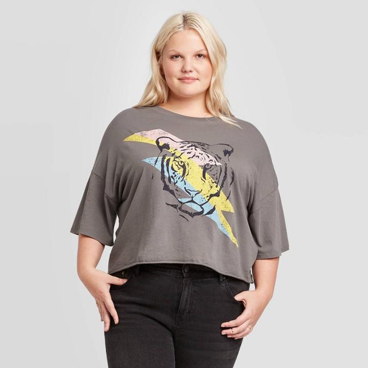 Grayson Threads Women's Plus Size Rainbow Bolt Tiger Short Sleeve Cropped T-shirt - Grayson Thread (juniors') - Charcoal 1x, Women's,