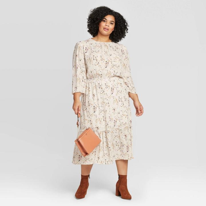 Women's Plus Size Floral Print Long Sleeve Crewneck Tiered Midi Dress - A New Day Cream 1x, Women's, Size: