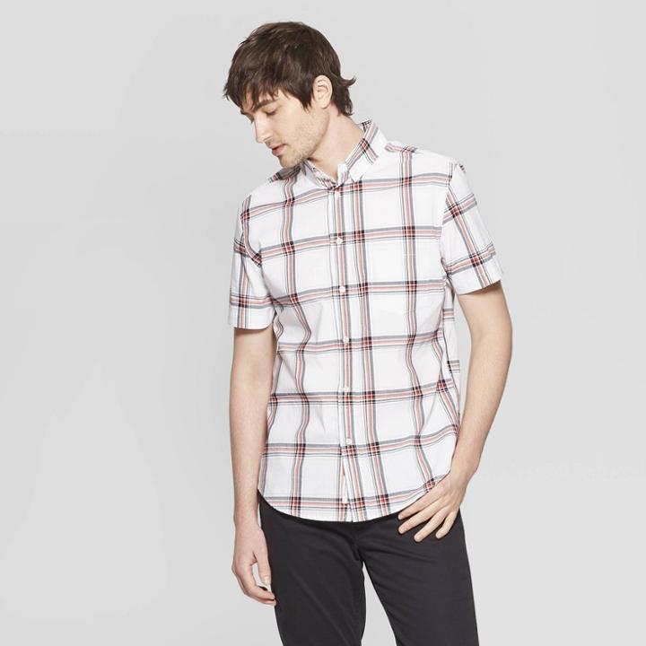 Men's Checkered Standard Fit Short Sleeve Poplin Button-down Shirt - Goodfellow & Co White