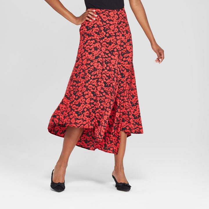 Women's Floral Print Seamed Asymmetric Hem Slip Skirt - Who What Wear Red/black 14, Red/black Floral