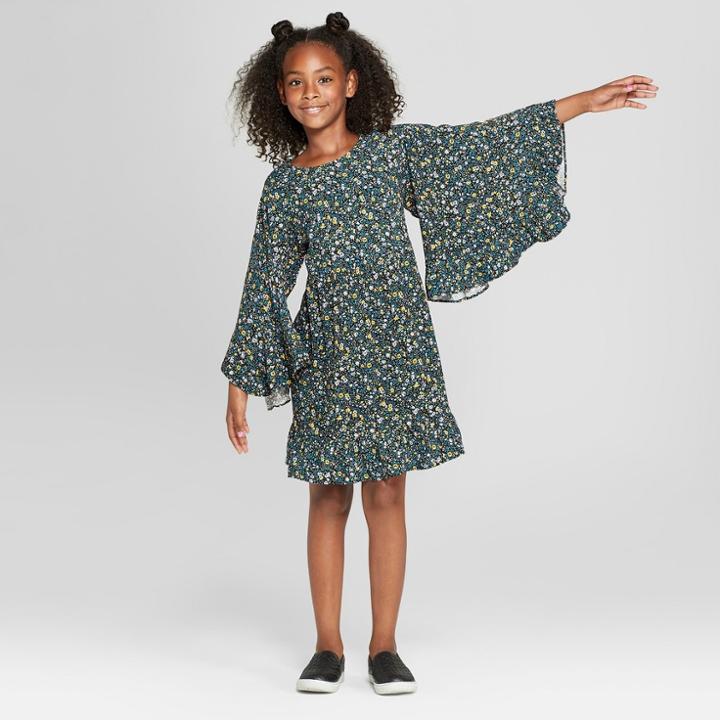 Girls' Wide Sleeve Short Dress - Art Class Green