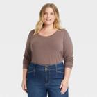 Women's Plus Size Long Sleeve Relaxed Fit Scoop Neck T-shirt - Ava & Viv Brown