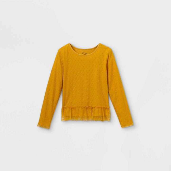 Girls' Long Sleeve Lace Peplum Top - Art Class Brown