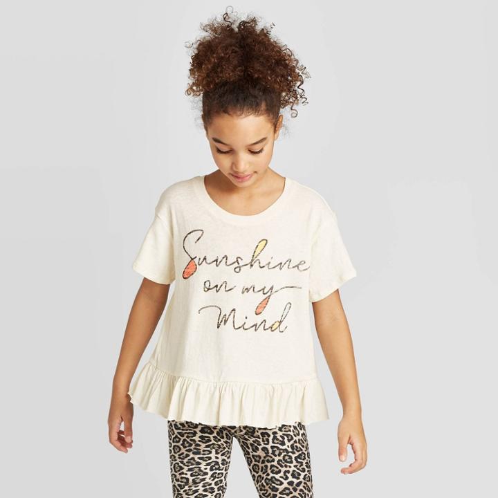 Petitegirls' Short Sleeve Sunshine On My Mind Peplum T-shirt - Art Class Ivory M, Girl's, Size: