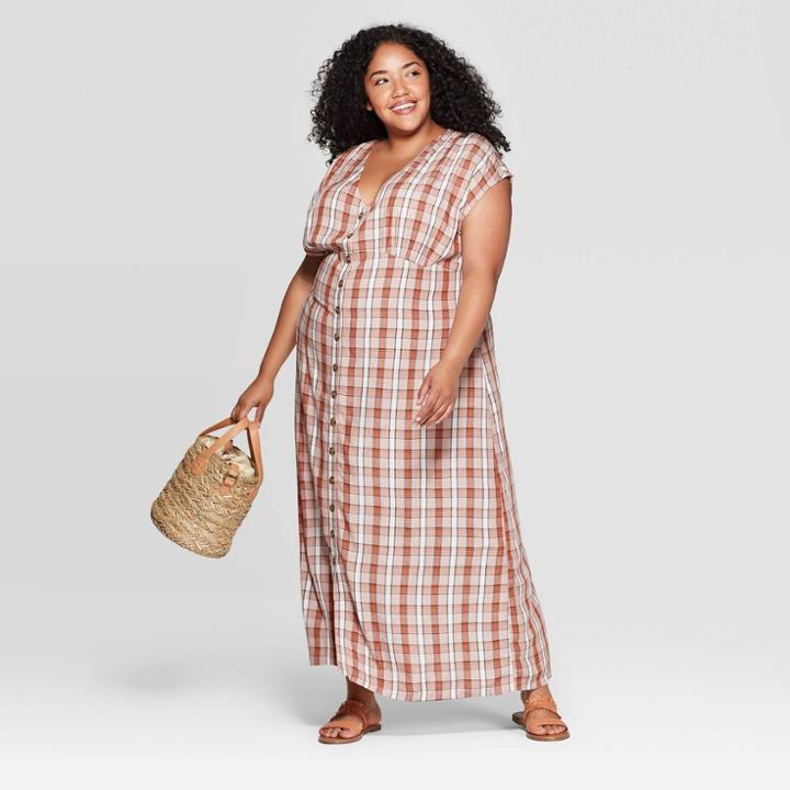 Women's Plus Size Plaid Short Cap Sleeve V-neck Column Dress - Universal Thread White