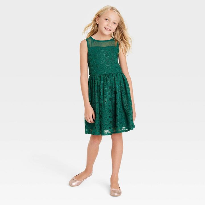 Zenzi Girls' Sleeveless Lace Dress - Dark Green