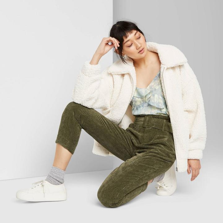 Women's High-rise Belted Paperbag Waist Corduroy Pants - Wild Fable Olive 00, Women's, Green