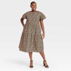 Women's Plus Size Polka Dot Flutter Short Sleeve A-line Dress - Who What Wear Brown