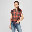 Women's Plaid Short Sleeve Tie Front Button-down Shirt - Almost Famous (juniors') Red