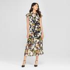 Women's Floral Print Short Flutter Sleeve Midi Dress - Who What Wear Black L, Black Floral