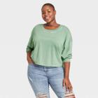 Modern Lux Women's Plus Size Think Happy Embroidered Long Sleeve Graphic T-shirt - Green