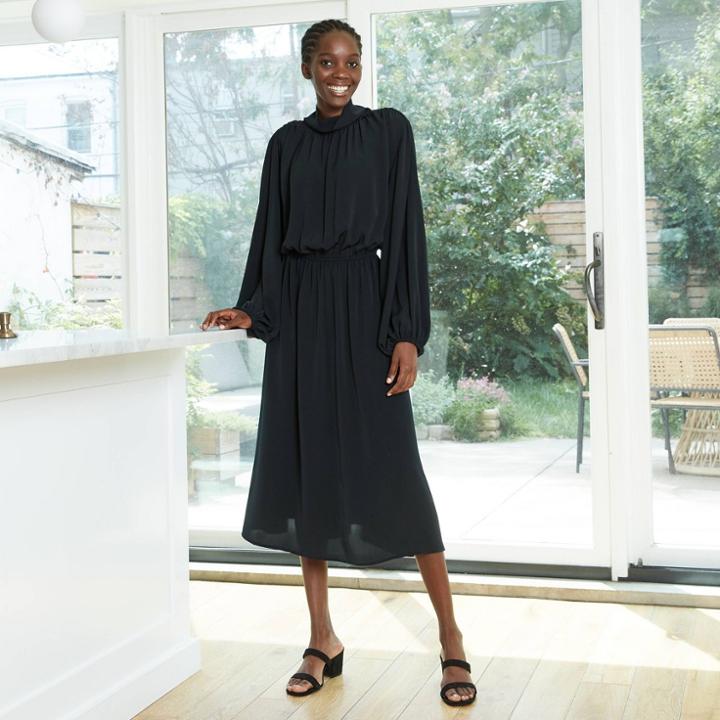 Women's Bishop Long Sleeve Shirred Dress - Prologue Black