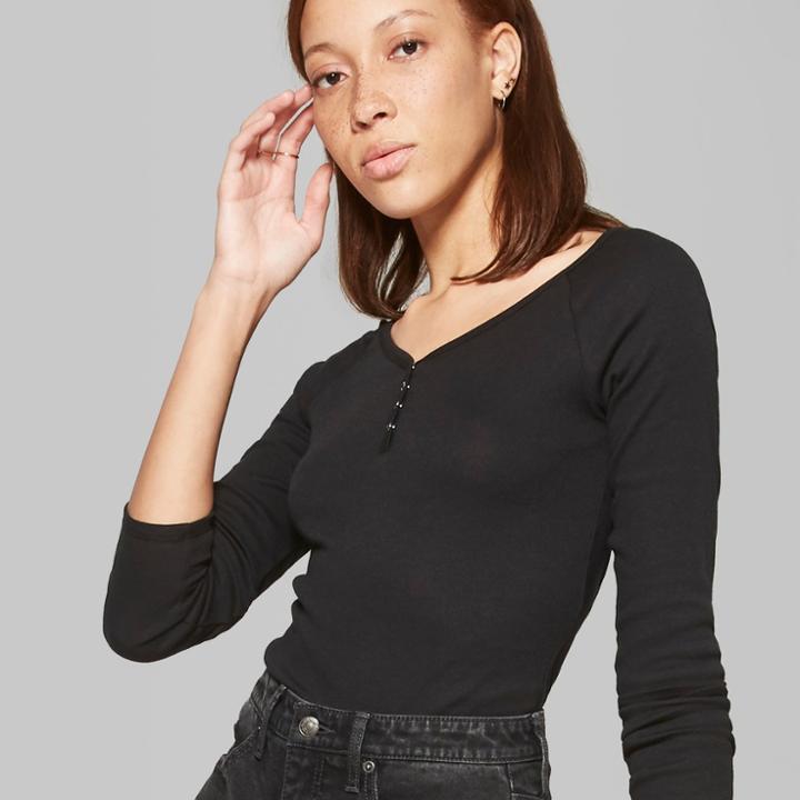 Women's Long Sleeve Scoop Neck Snap Placket T-shirt - Wild Fable Black