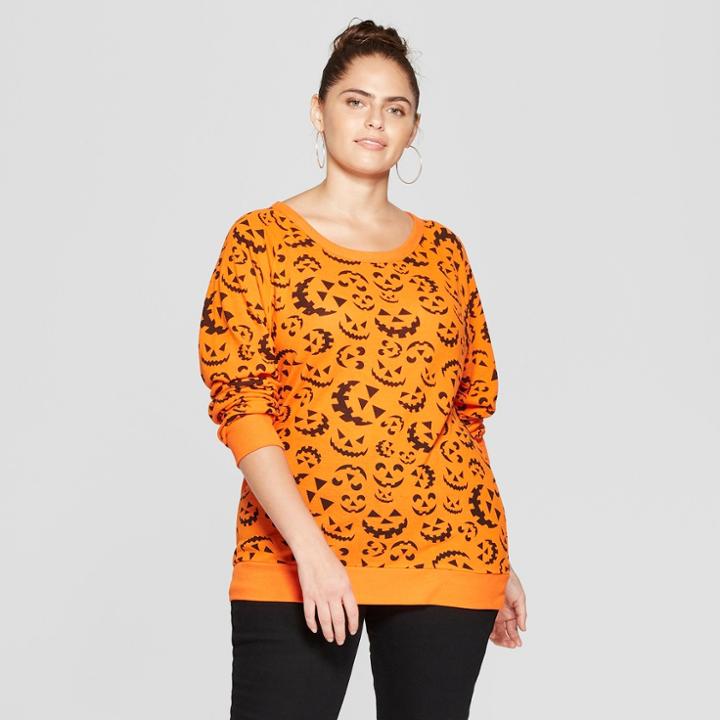 Women's Plus Size Jack O'lantern Print Sweatshirt - Modern Lux (juniors') Orange