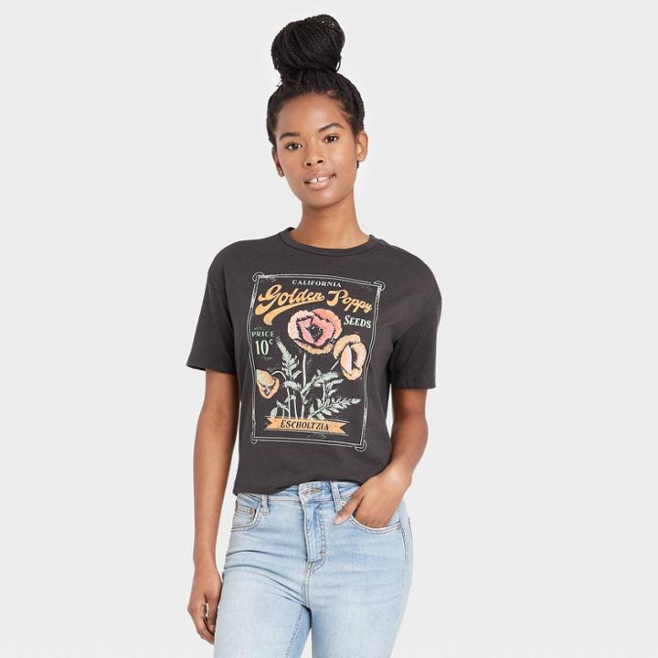 Fifth Sun Women's Golden Poppy Floral Print Short Sleeve Graphic T-shirt - Black