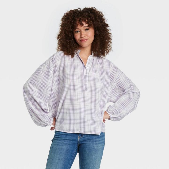 Women's Balloon Long Sleeve Poet Top - Universal Thread Lilac Plaid Xxl, Purple Plaid