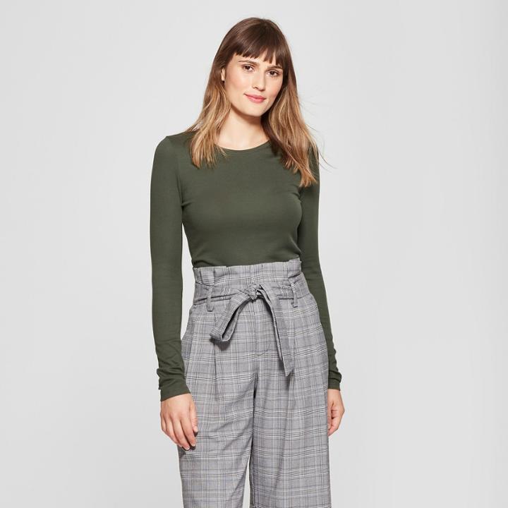 Women's Fitted Long Sleeve Crew T-shirt - A New Day Olive (green)