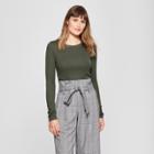 Women's Fitted Long Sleeve Crew T-shirt - A New Day Olive (green)