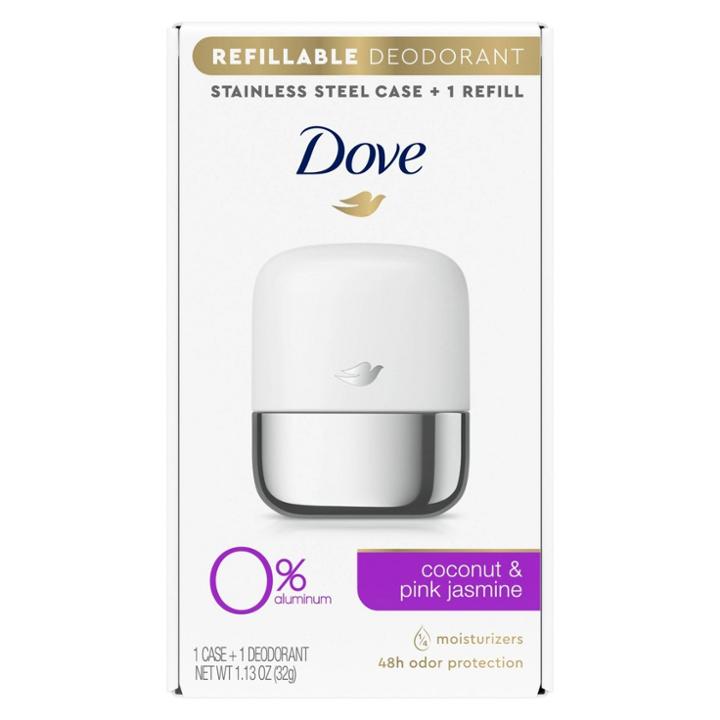 Dove Beauty Dove 0% Aluminum Coconut & Pink Jasmine Refillable Deodorant Stainless Steel Case + 1 Refill